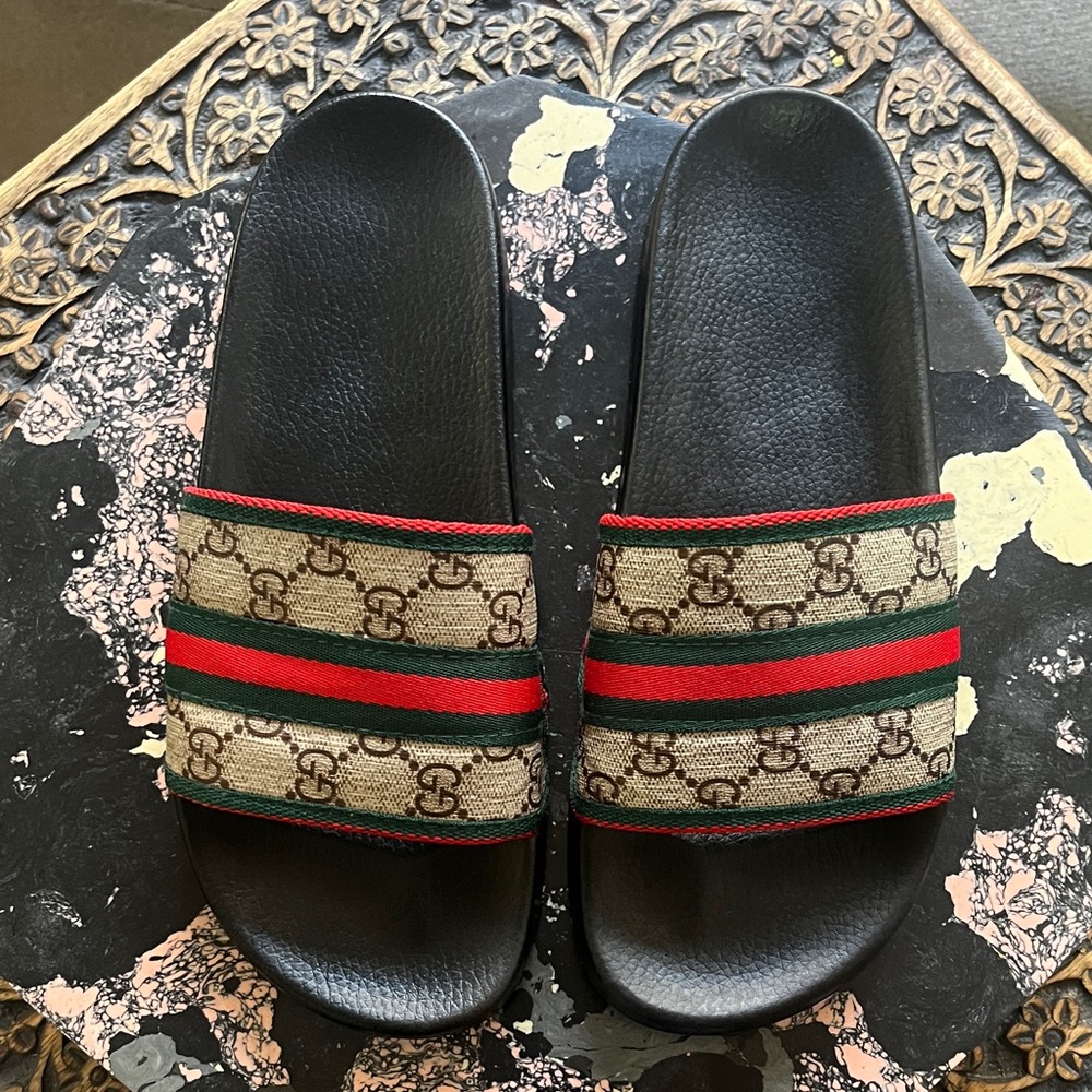 Gucci Beige and Black Slides with Red and Green Stripes Men’s 8, Women’s 9.5 - Picture 6 of 7